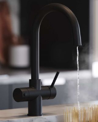 EVO ATHENA/350 SERIES 3 IN 1 MATT BLACK BOILING WATER MONO DUAL LEVER SWAN NECK KITCHEN SINK MIXER TAP, SWIVEL SPOUT with DIGITAL TANK, BWT354MB